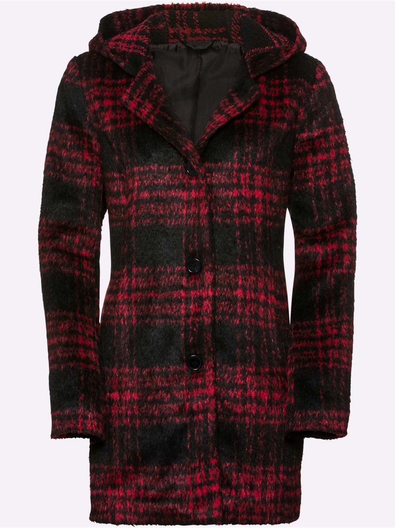 Manteau cintré à carreaux avec capuche et boutons larges - taille standard - moda vilona Noir Rouge - Kiabi