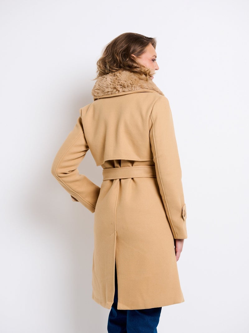 Manteau col fausse fourrure toucher laineux - AFIBEL Beige - Kiabi