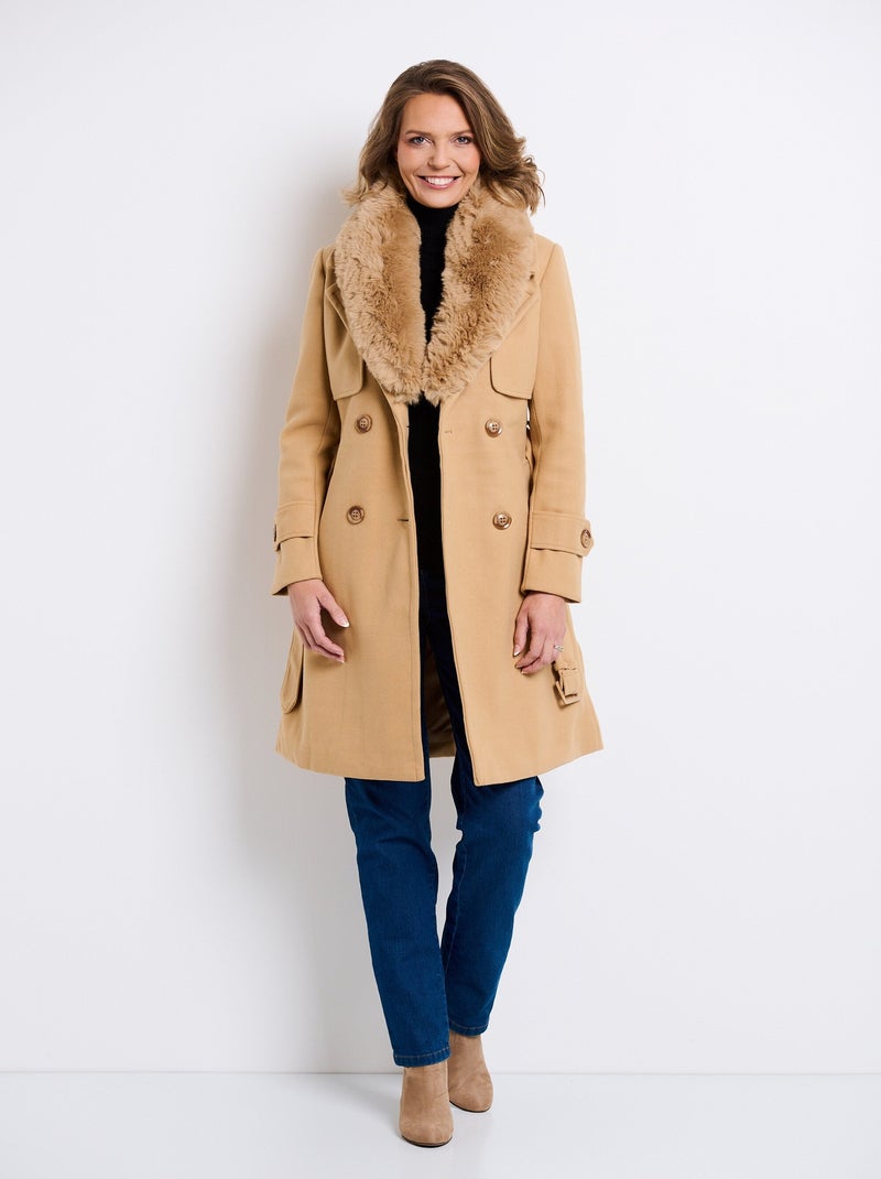 Manteau col fausse fourrure toucher laineux - AFIBEL Beige - Kiabi