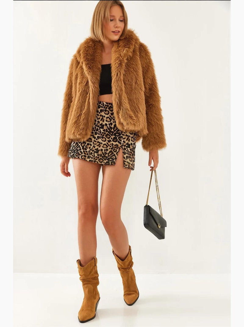 Manteau court à col ouvert en fausse fourrure lucci Camel - Kiabi