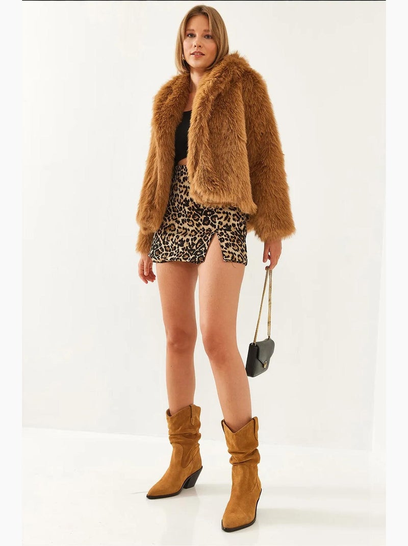 Manteau court à col ouvert en fausse fourrure lucci Camel - Kiabi