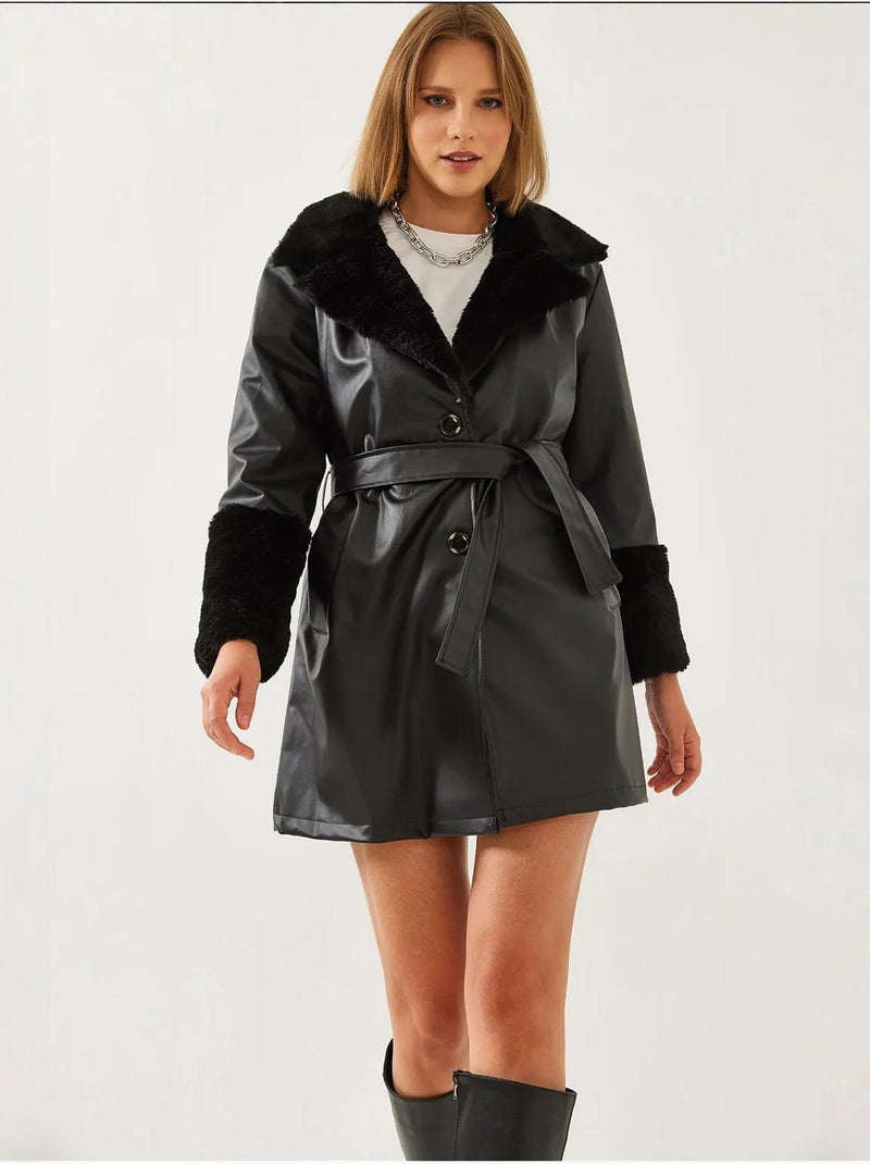 Manteau court en cuir doublé de fourrure lucci Noir - Kiabi
