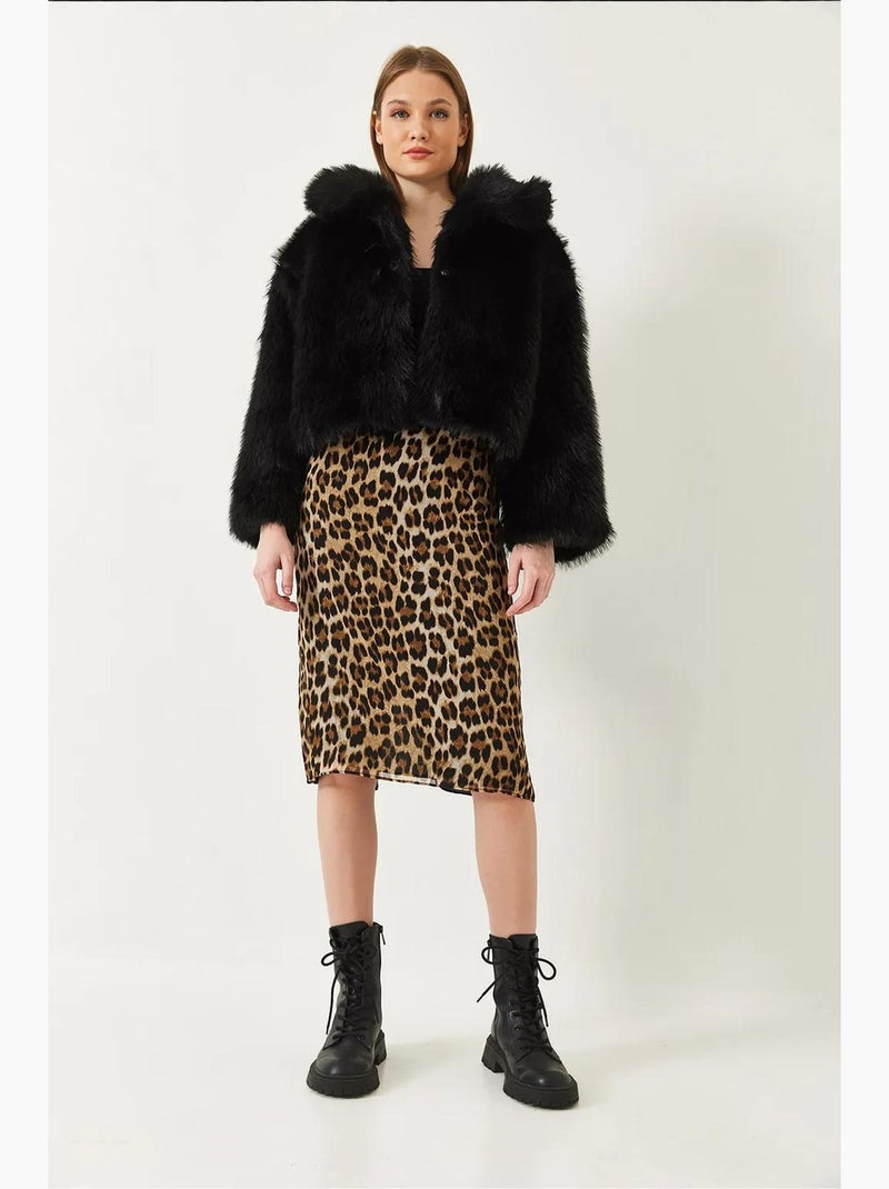 Manteau court en fausse fourrure à manches longues et à devant ouvert lucci Noir - Kiabi