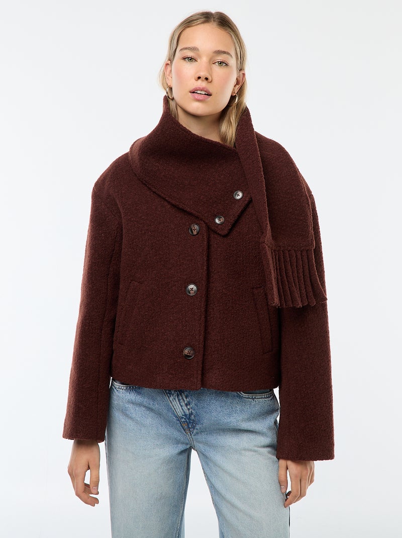 Manteau court en faux lainage avec une écharpe amovible Marron - Kiabi