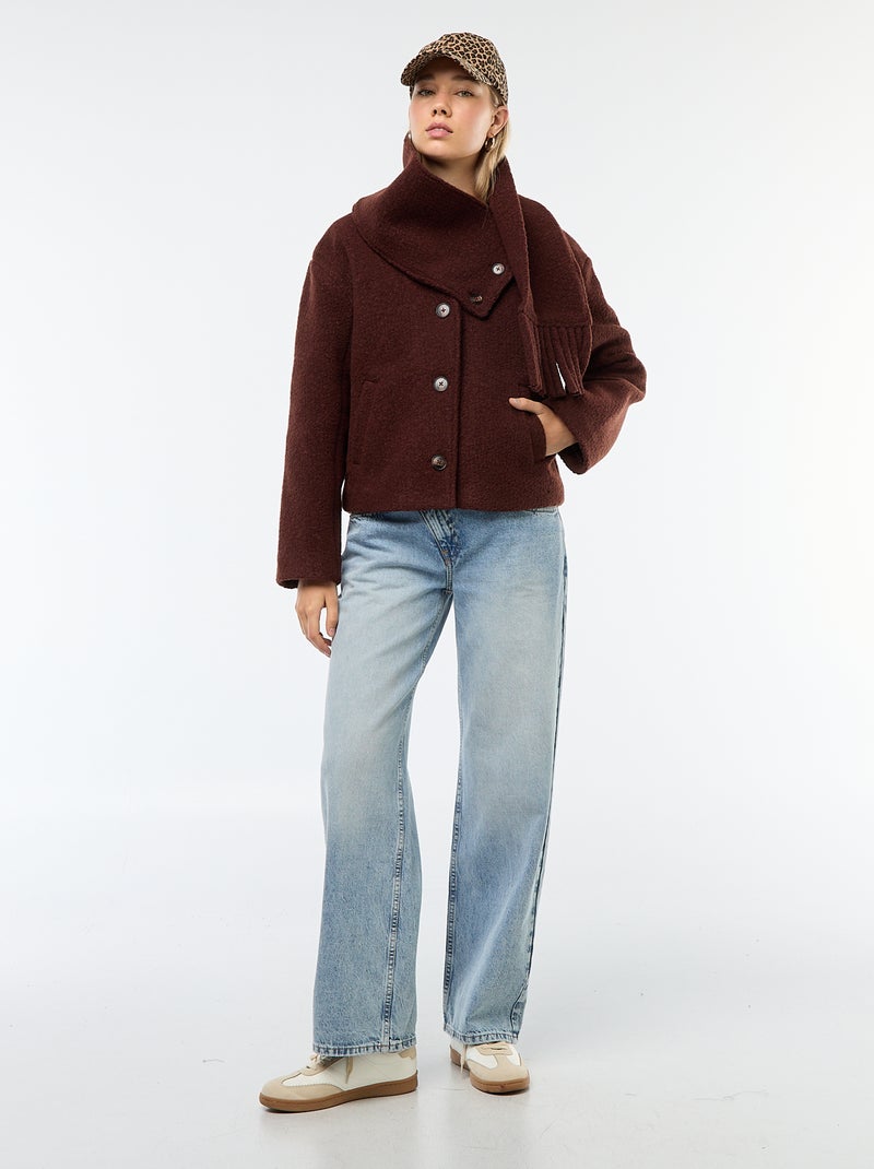 Manteau court en laine avec une écharpe amovible Marron - Kiabi