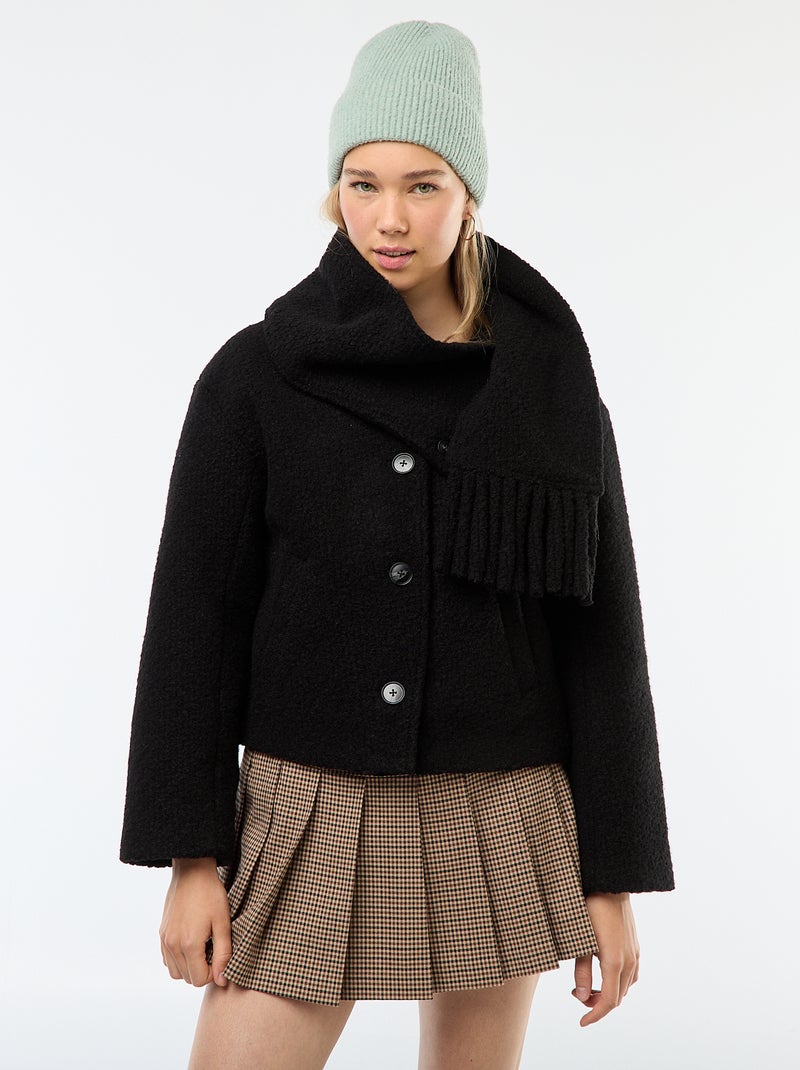 Manteau court en laine avec une écharpe amovible Noir - Kiabi