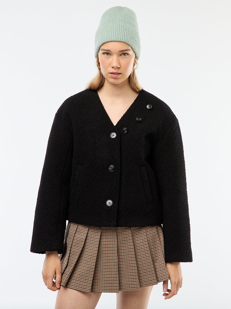 Manteau court en laine avec une écharpe amovible Noir - Kiabi