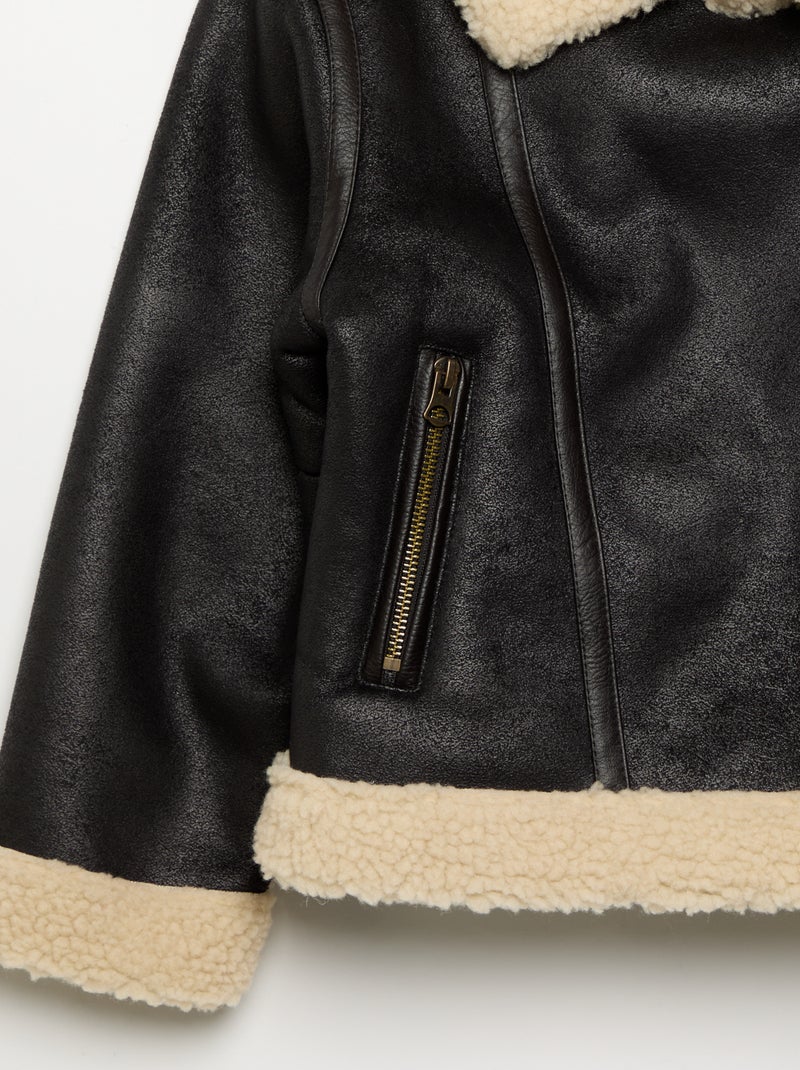 Manteau court en peau lainée Noir - Kiabi