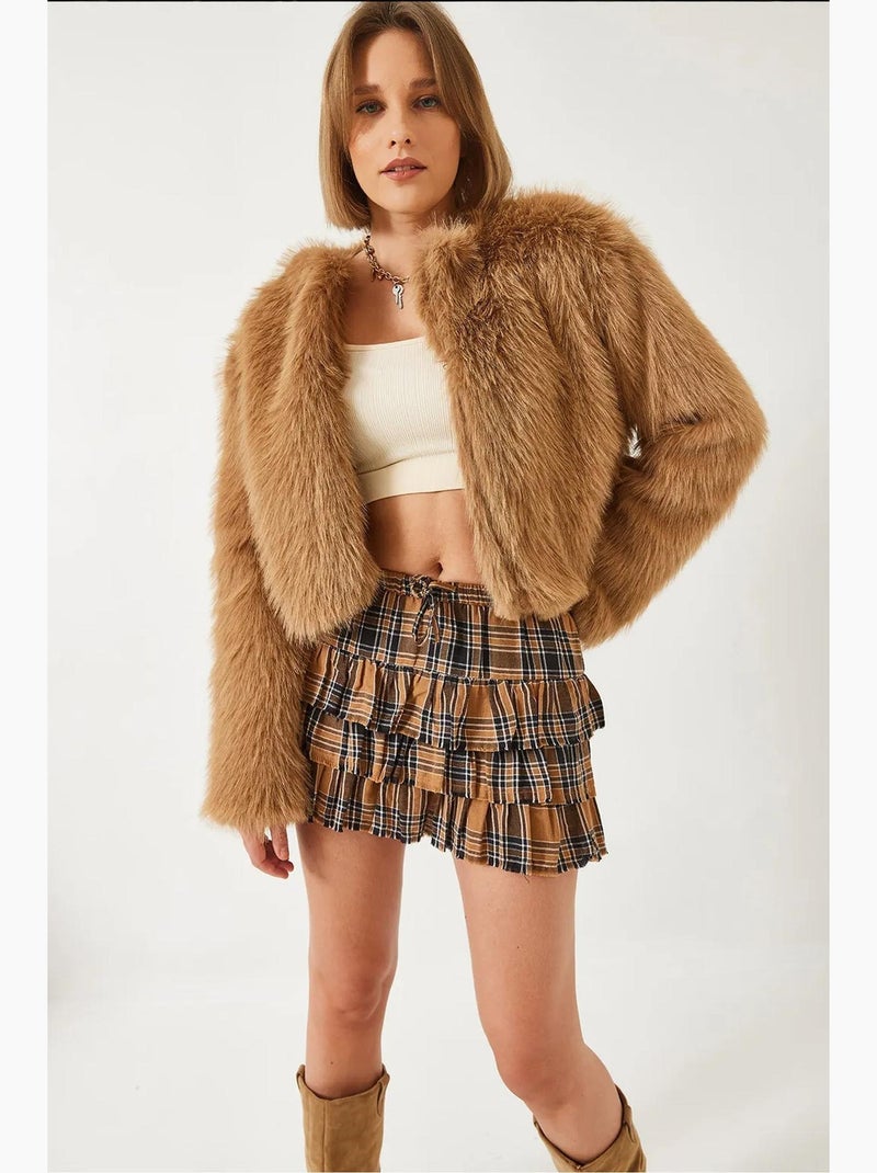 Manteau doublé en fausse fourrure lucci Camel - Kiabi