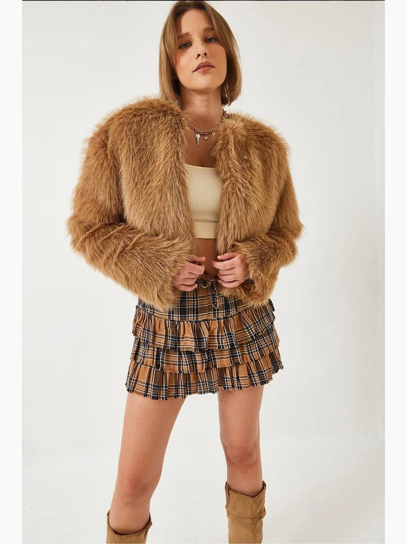 Manteau doublé en fausse fourrure lucci Camel - Kiabi