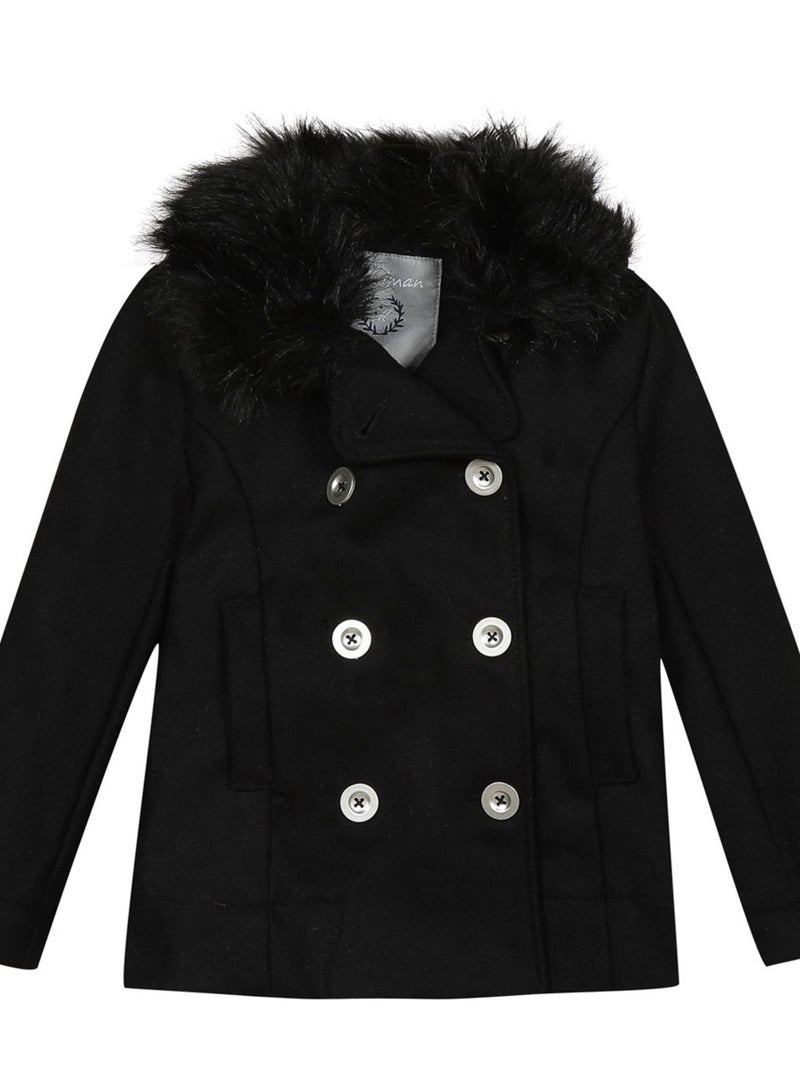 Manteau Drap De Laine Col Imitation Fourrure 'miniman' Noir - Kiabi