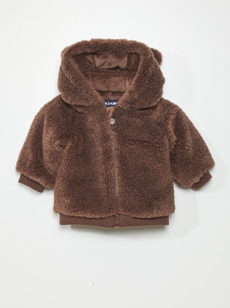 Manteau effet moutonné à capuche Marron foncé - Kiabi