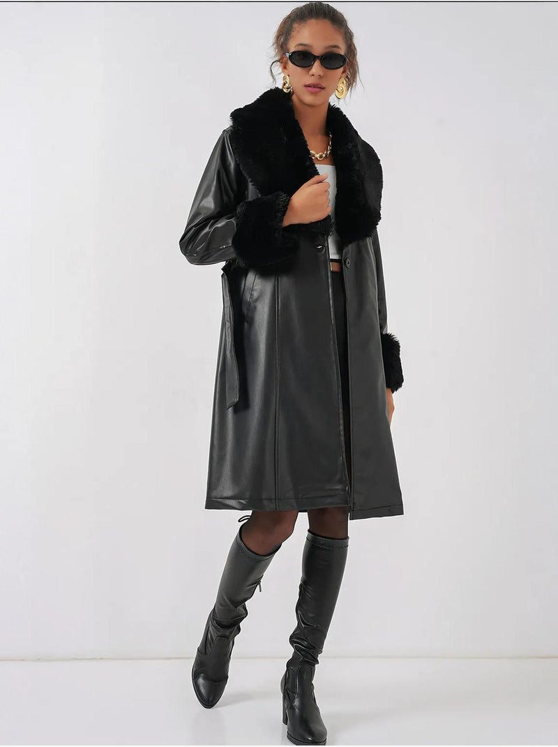 Manteau en cuir et fausse fourrure bdart Noir - Kiabi