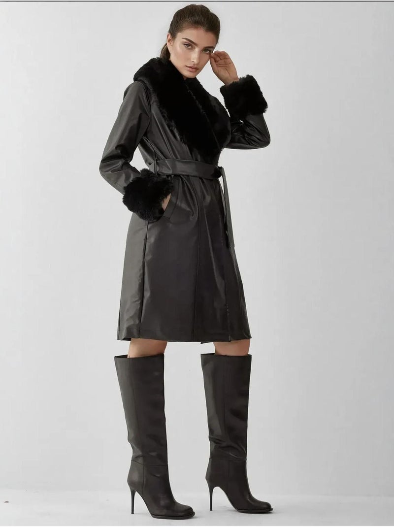 Manteau en cuir et fausse fourrure bdart Noir - Kiabi