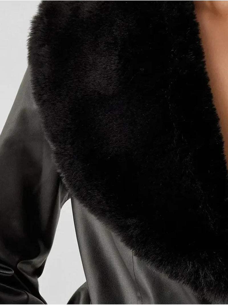 Manteau en cuir et fausse fourrure bdart Noir - Kiabi