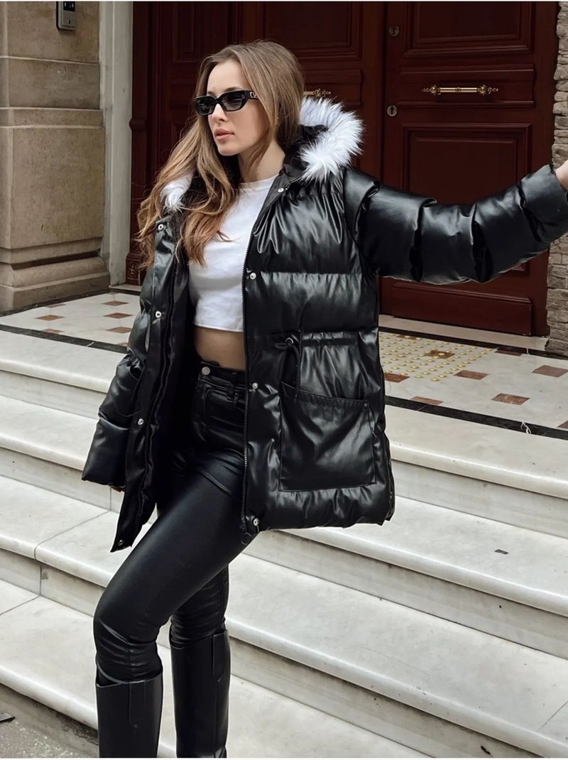 Manteau en cuir matelassé à capuche en fausse fourrure bianco lucci Noir - Kiabi