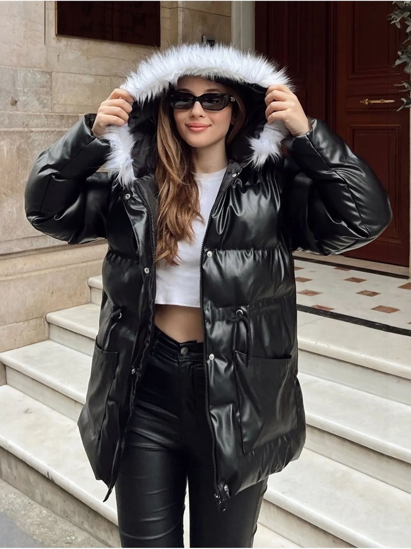 Manteau en cuir matelassé à capuche en fausse fourrure bianco lucci Noir - Kiabi