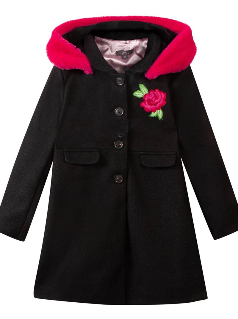 Manteau En Drap De Laine Avec Broderie 'floriane' Noir - Kiabi