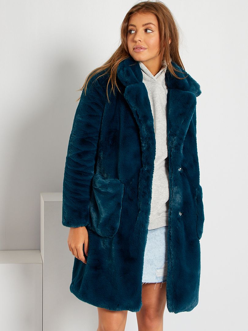 manteau long fausse fourrure bleu