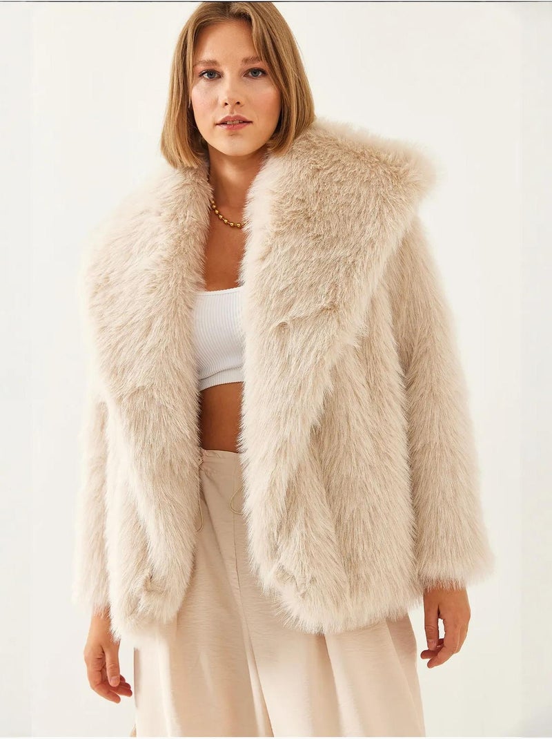 Manteau en fausse fourrure de qualité supérieure doublé avec col mbms lucci Marron clair - Kiabi