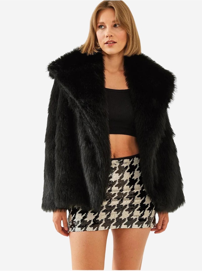 Manteau en fausse fourrure de qualité supérieure doublé avec col mbms lucci Noir - Kiabi
