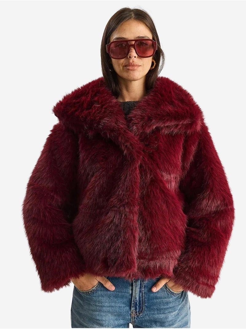Manteau en fausse fourrure de qualité supérieure doublé avec col mbms lucci Rouge bordeaux - Kiabi