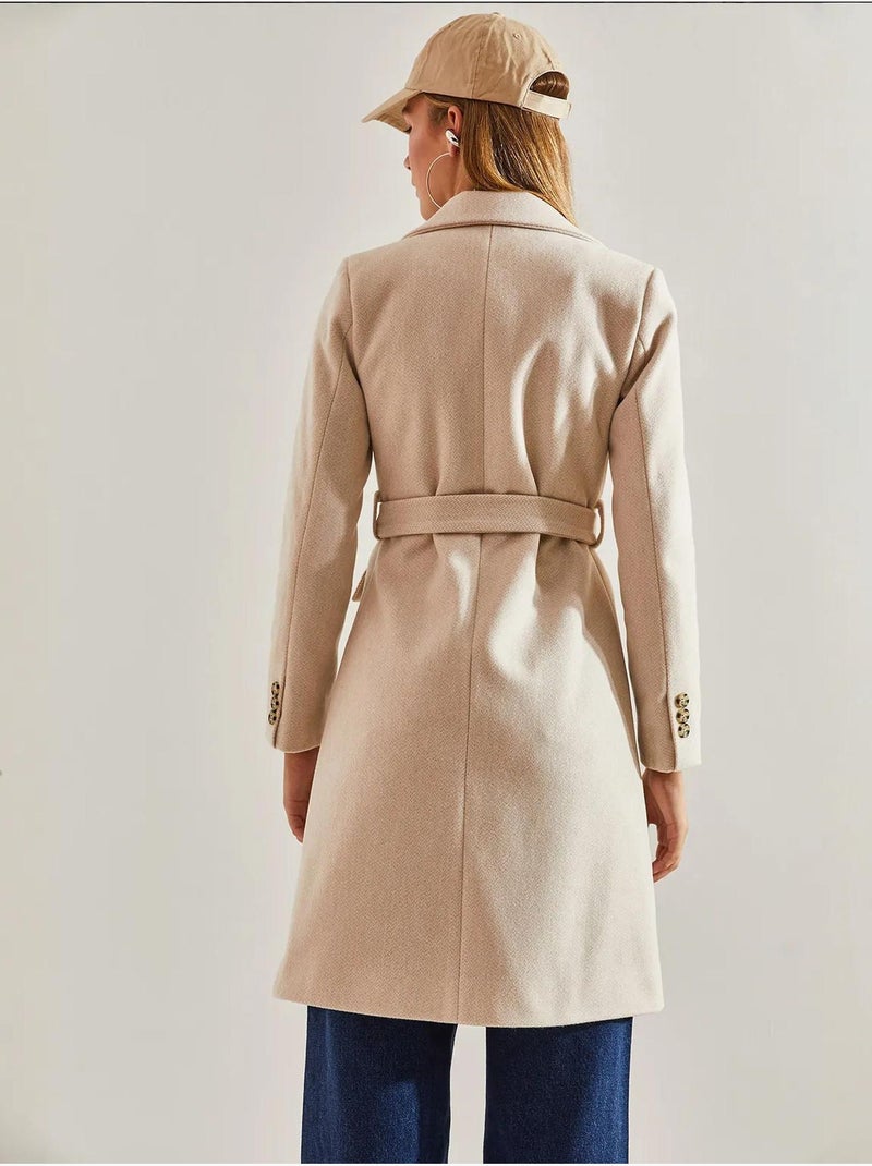 Manteau en laine doublé avec ceinture à un bouton bianco lucci Beige argile - Kiabi