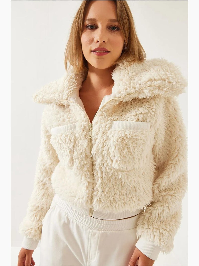 Manteau en peluche à col roulé et taille élastique lucci Beige argile - Kiabi