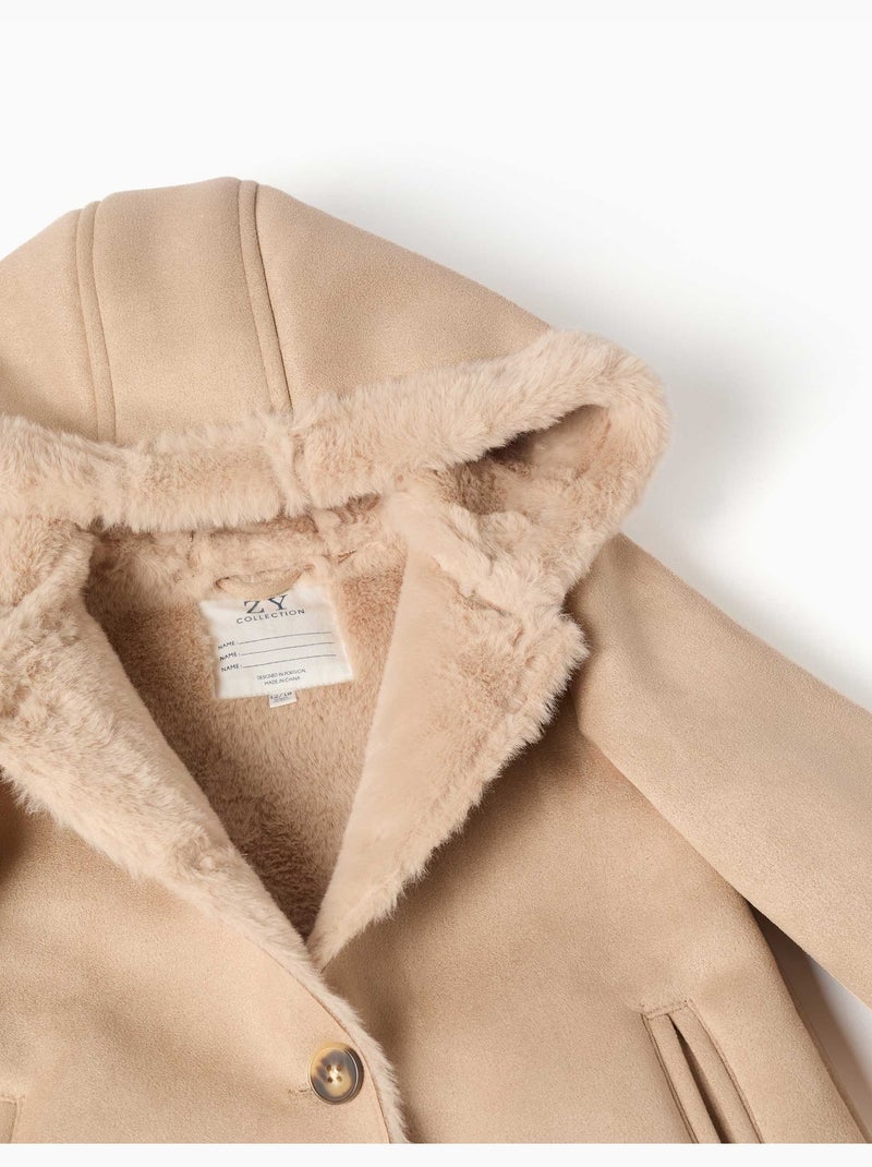 Manteau en suédine à capuche et doublure en peluche douce synthétique Beige clair - Kiabi