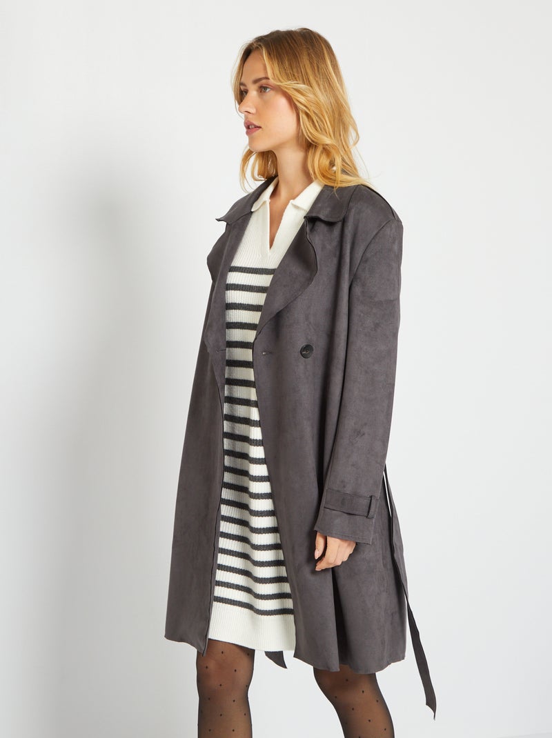 Manteau en suédine avec ceinture gris foncé - Kiabi