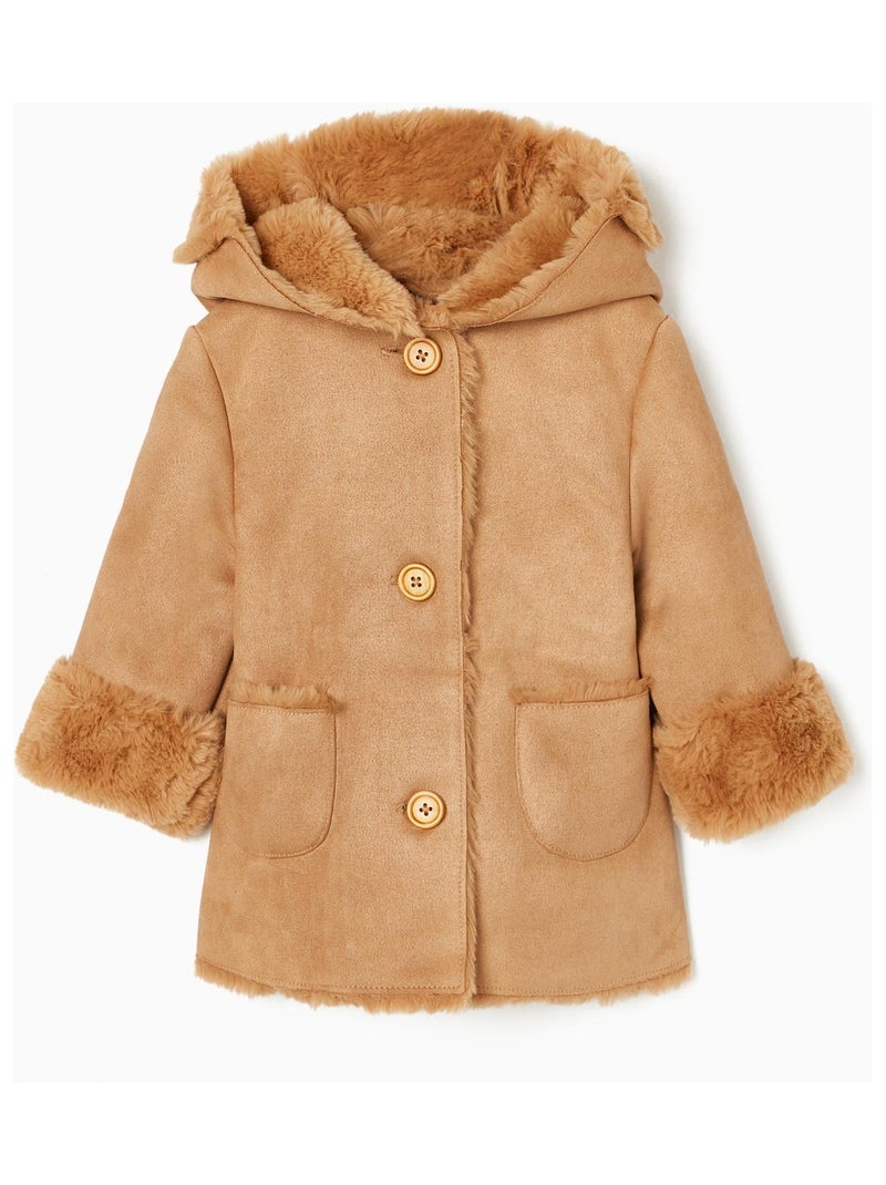 Manteau en Suédine et Fausse Fourrure Bébé Fille   LE CHALET Beige - Kiabi