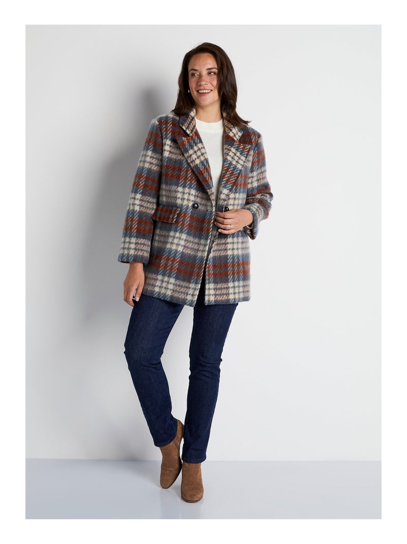 Manteau hiver court tissu chaud carreaux Marron - Kiabi