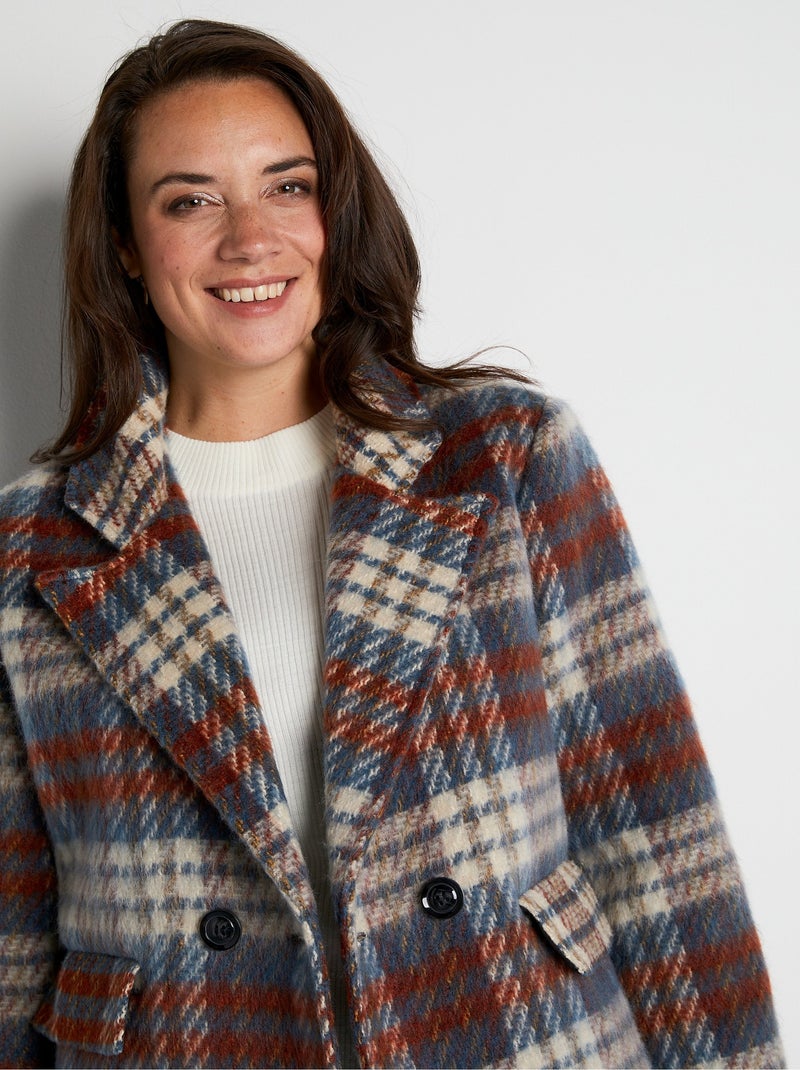 Manteau hiver court tissu chaud carreaux Marron - Kiabi