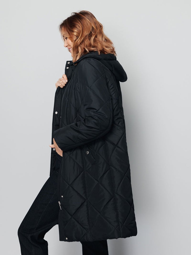 Manteau hiver long matelassé à capuche Noir - Kiabi