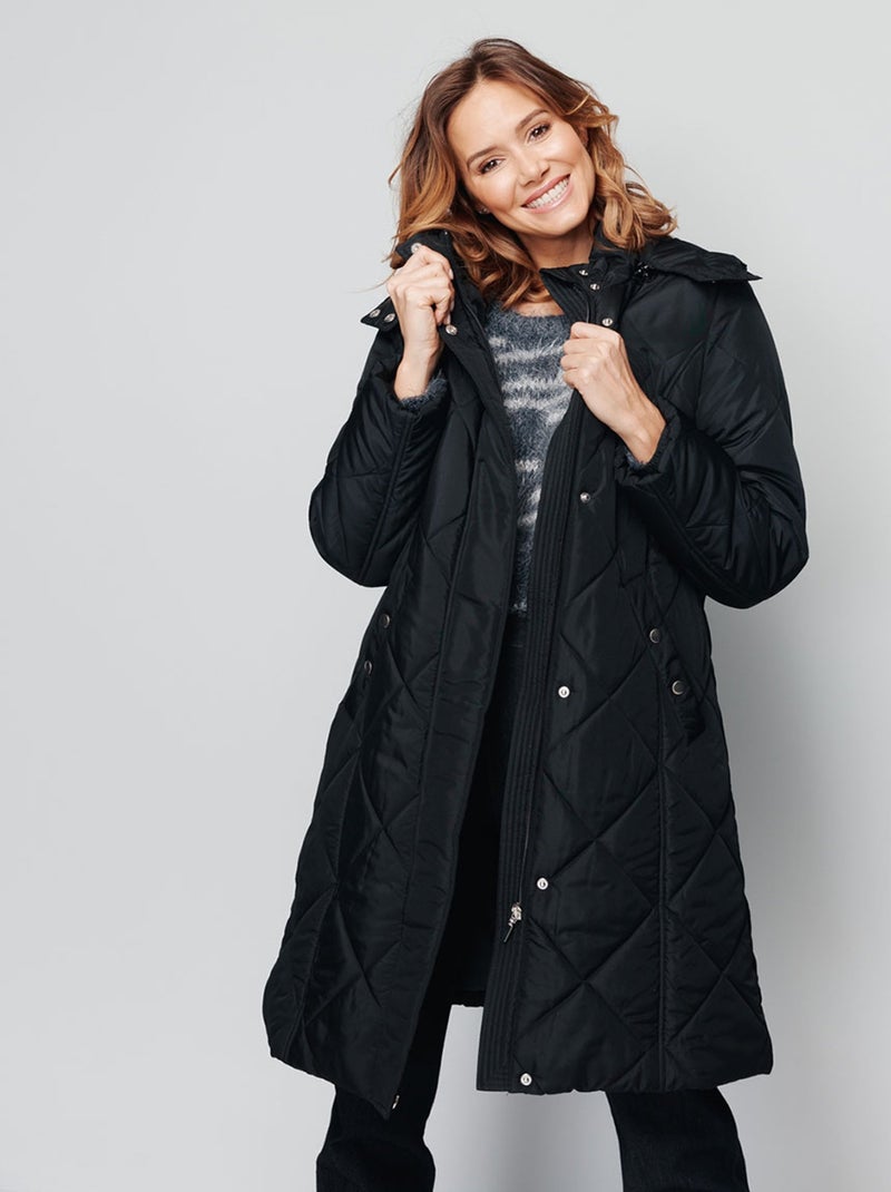 Manteau hiver long matelassé à capuche Noir - Kiabi