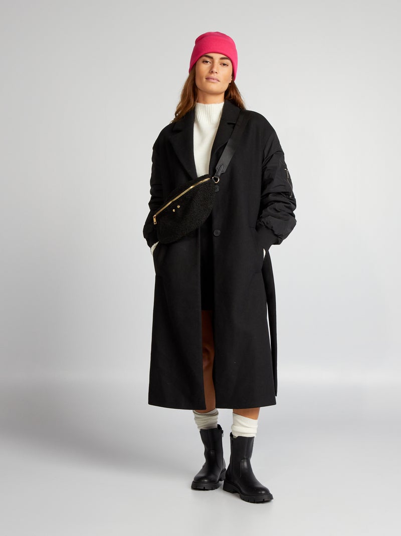 Manteau long bimatière noir - Kiabi