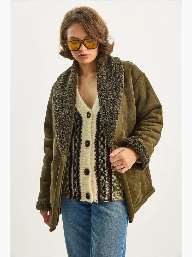 Manteau long boutonné en fausse fourrure lucci Kaki - Kiabi