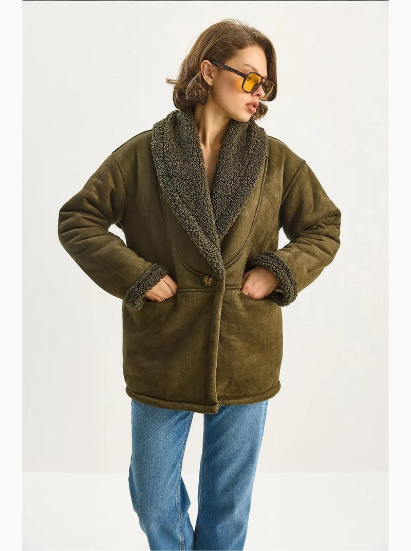Manteau long boutonné en fausse fourrure lucci Kaki - Kiabi