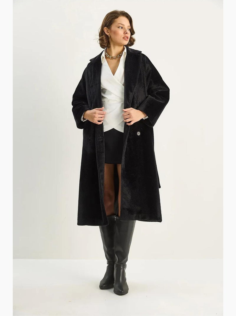Manteau long boutonné en peluche avec col veste lucci Noir - Kiabi