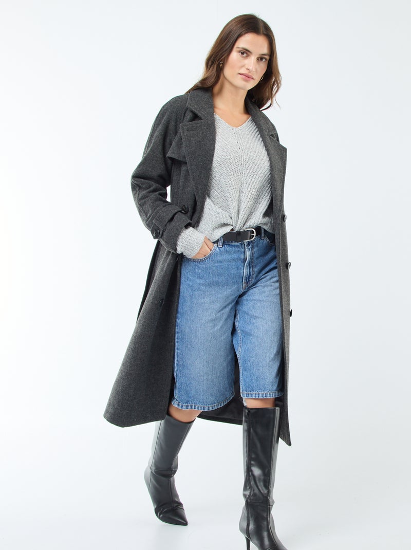 Manteau long chaud à ceinture Gris - Kiabi