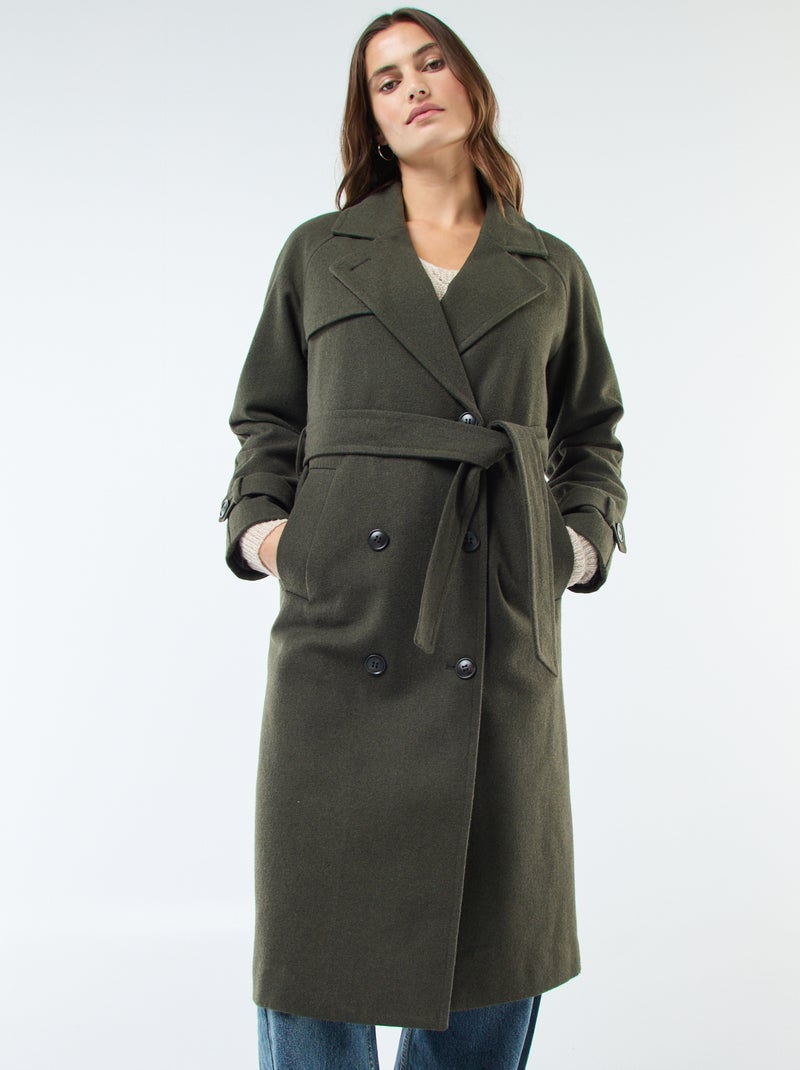 Manteau long chaud à ceinture Kaki - Kiabi