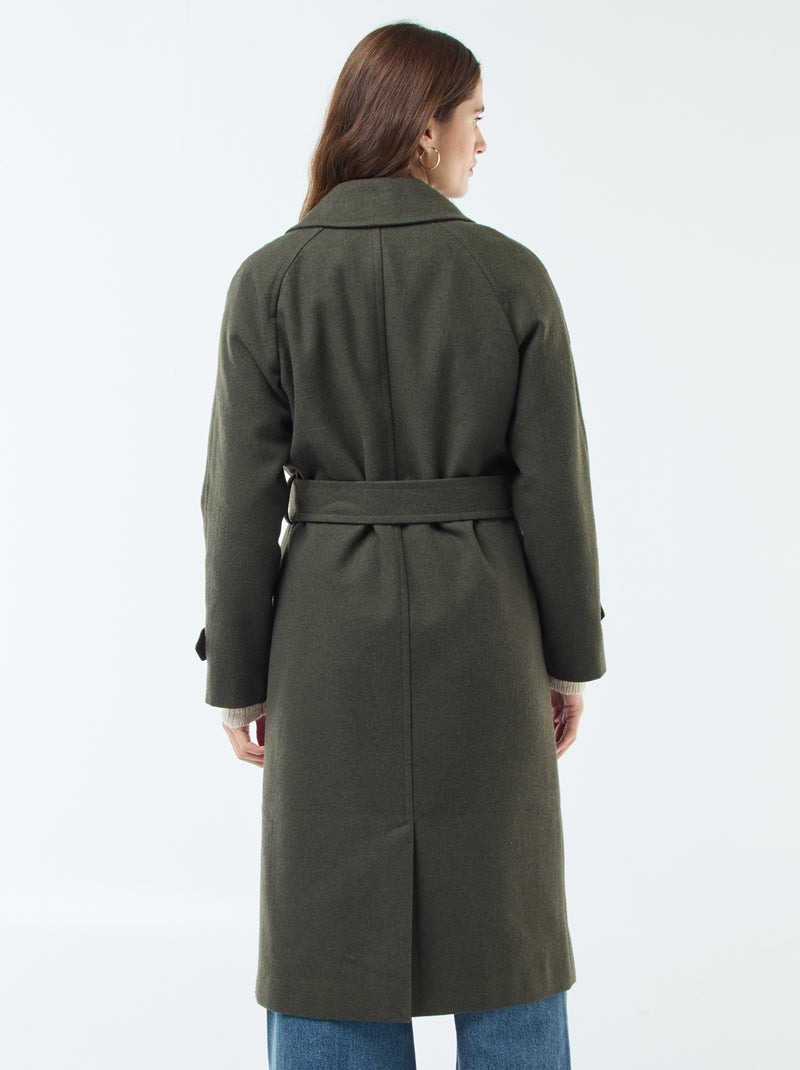 Manteau long chaud à ceinture Kaki - Kiabi