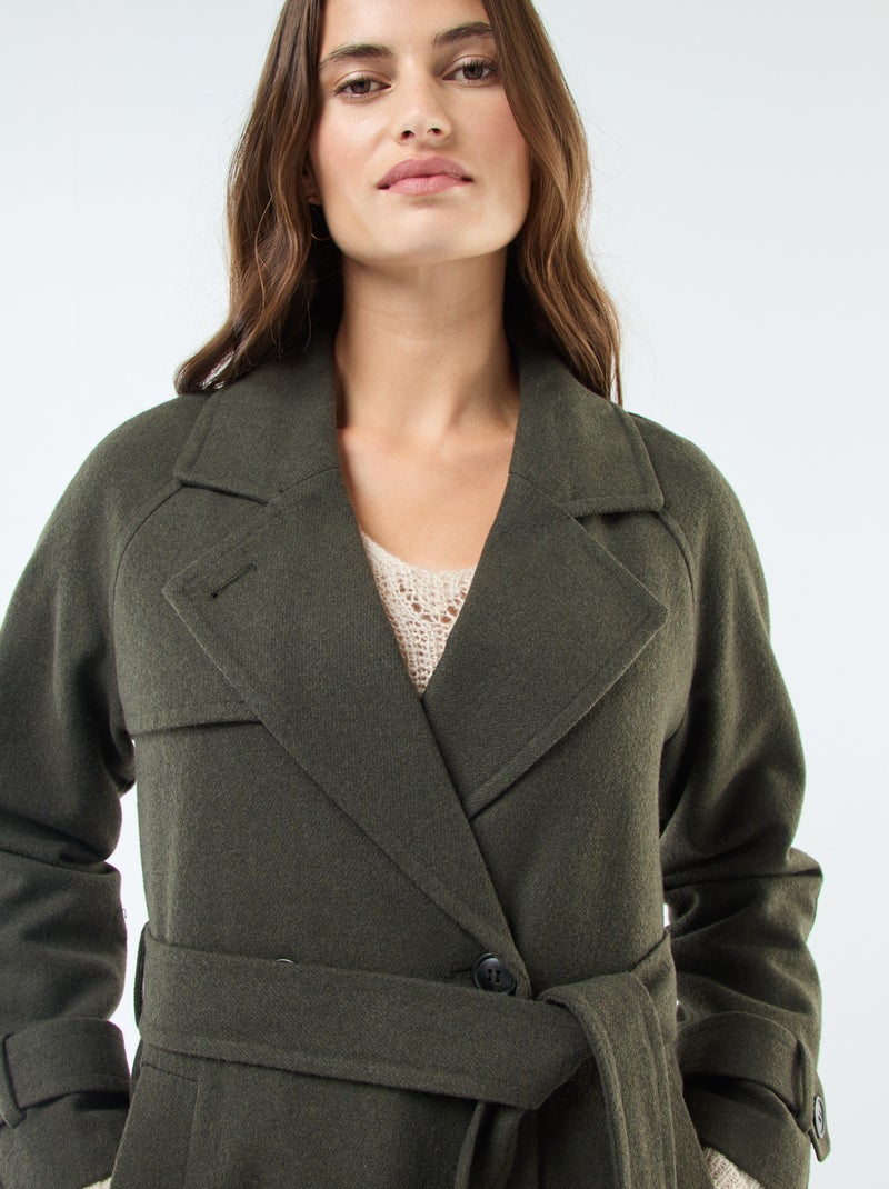 Manteau long chaud à ceinture Kaki - Kiabi