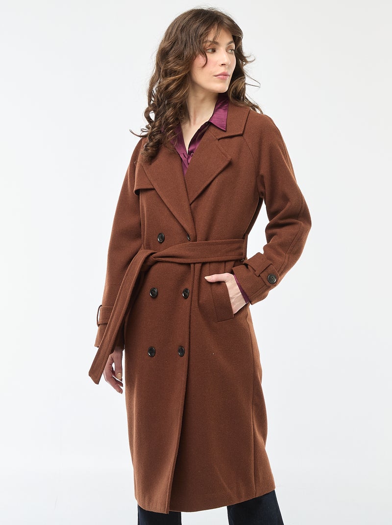 Manteau long chaud à ceinture Marron - Kiabi