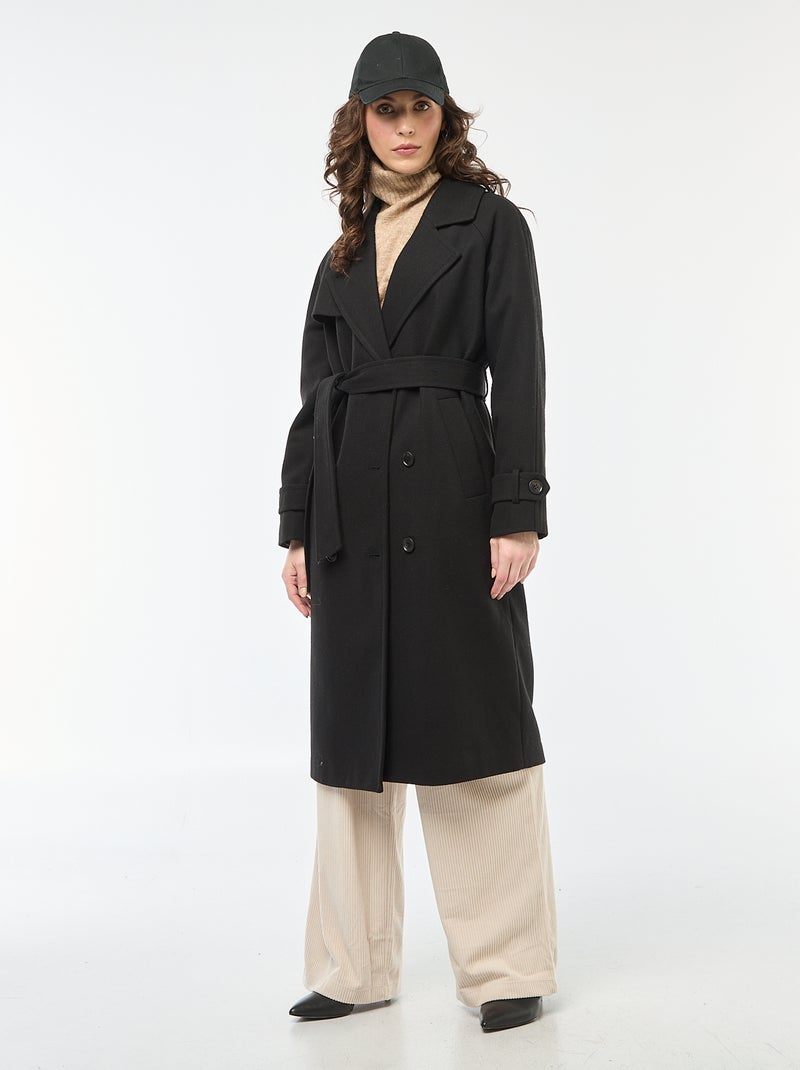 Manteau long chaud à ceinture Noir Femme Kiabi