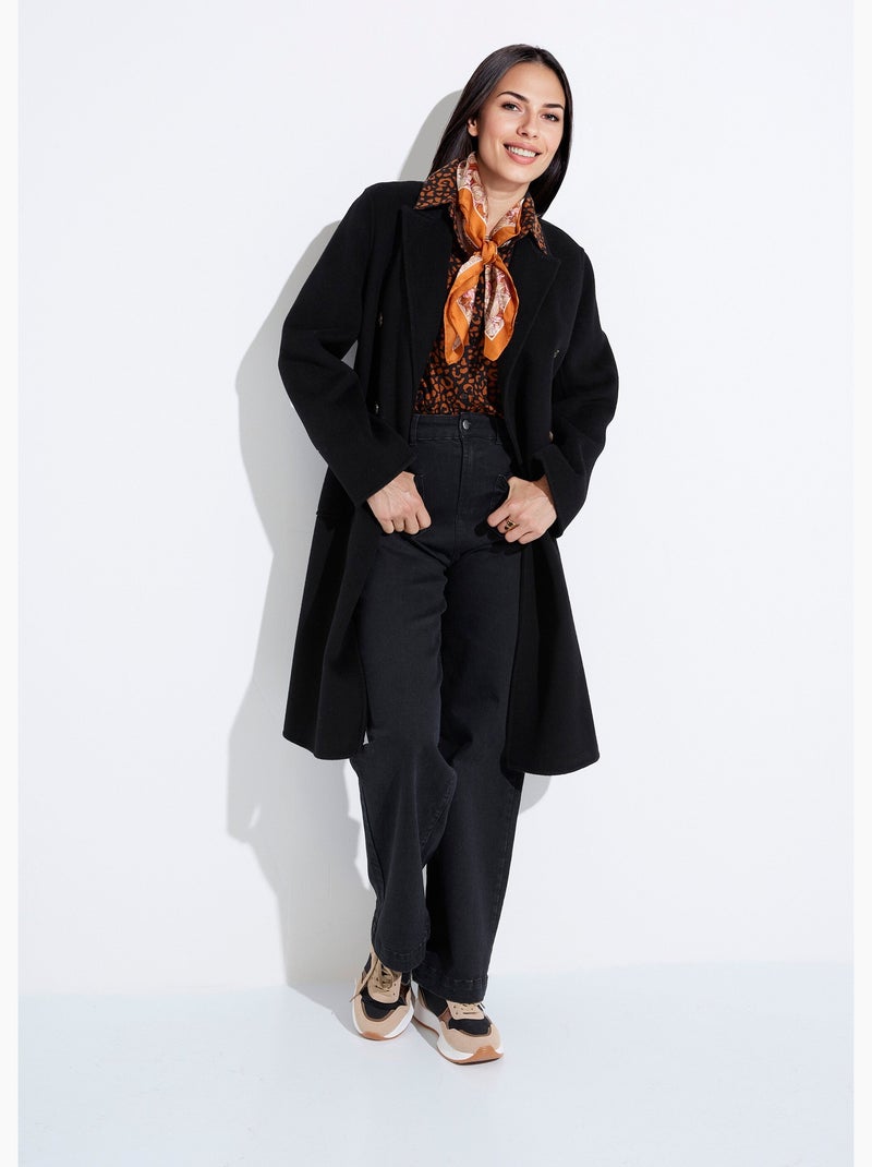 Manteau long drap de laine col tailleur Noir - Kiabi
