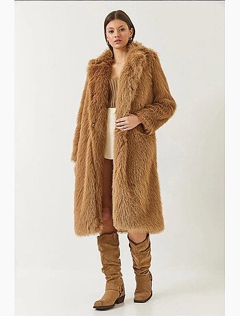 Manteau long en fausse fourrure à col châle lucci