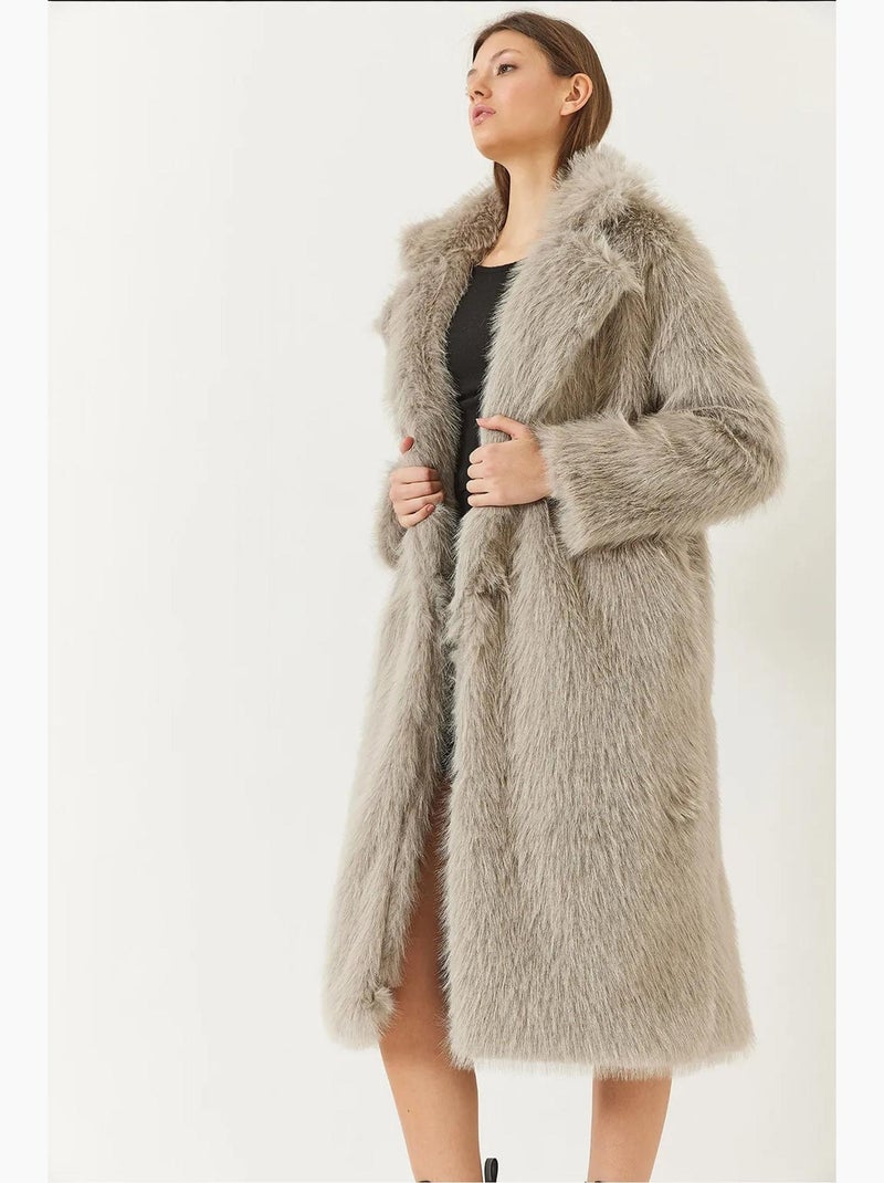 Manteau long en fausse fourrure à col châle lucci Gris clair - Kiabi
