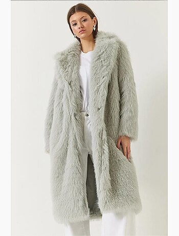 Manteau long en fausse fourrure à col châle lucci