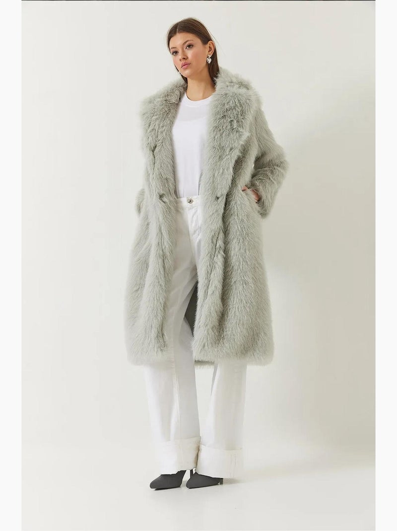 Manteau long en fausse fourrure à col châle lucci Gris perle - Kiabi